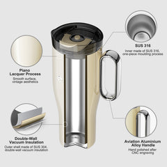 OTE 1.2 L (1140 g) cestovní hrnek s uchem, dvoustěnný ocelový vakuově izolovaný hrnek s brčkem, bez BPA, přenosný hrnek do auta, termohrnek, šálek na kávu na teplé a studené nápoje