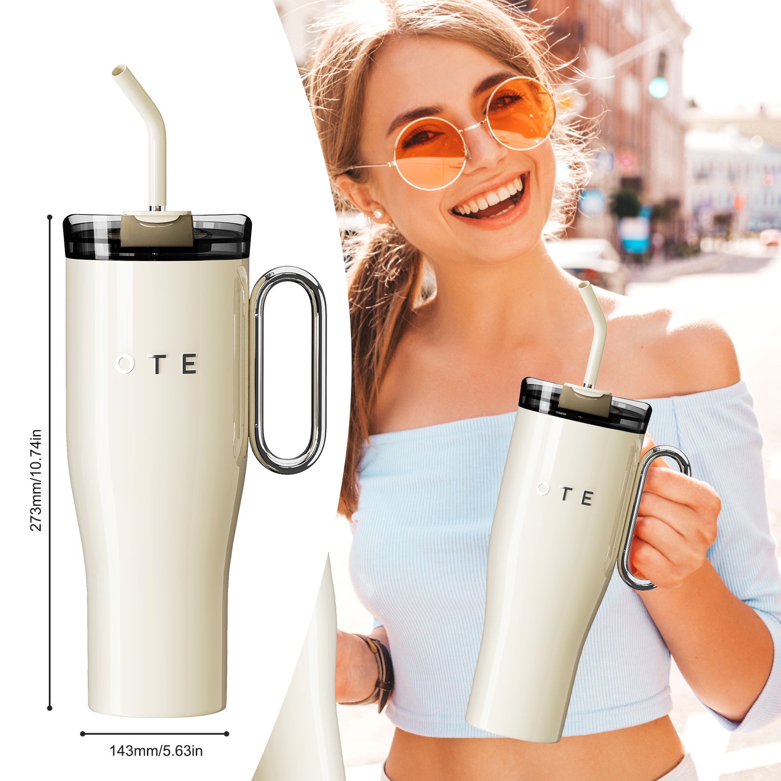 Ote1.2 l (42 oz) kávový hrnec jít, double-walled steel vacuum insulated mug with handle and straw, bpa free, portable car mug tumbler, thermal mug, kávový šálek na teplé a studené nápoje